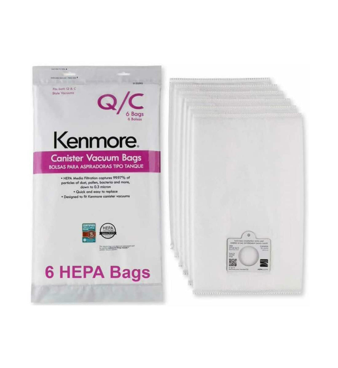 Kenmore 53291 Q/C HEPA Vacuum Bags For Canister Vacuums, 3 Pack 6Pcs