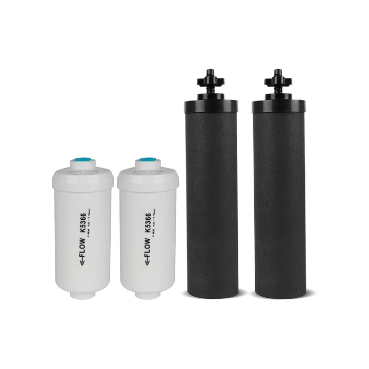 Two white PF-2 compatible filters and two black BB9-2 compatible filters – designed to fit Berkey gravity-fed water systems