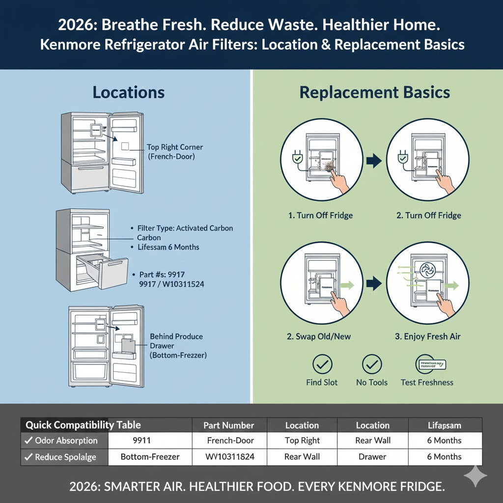 Kenmore fridge filter replacement every 6 months maintenance schedule infographic