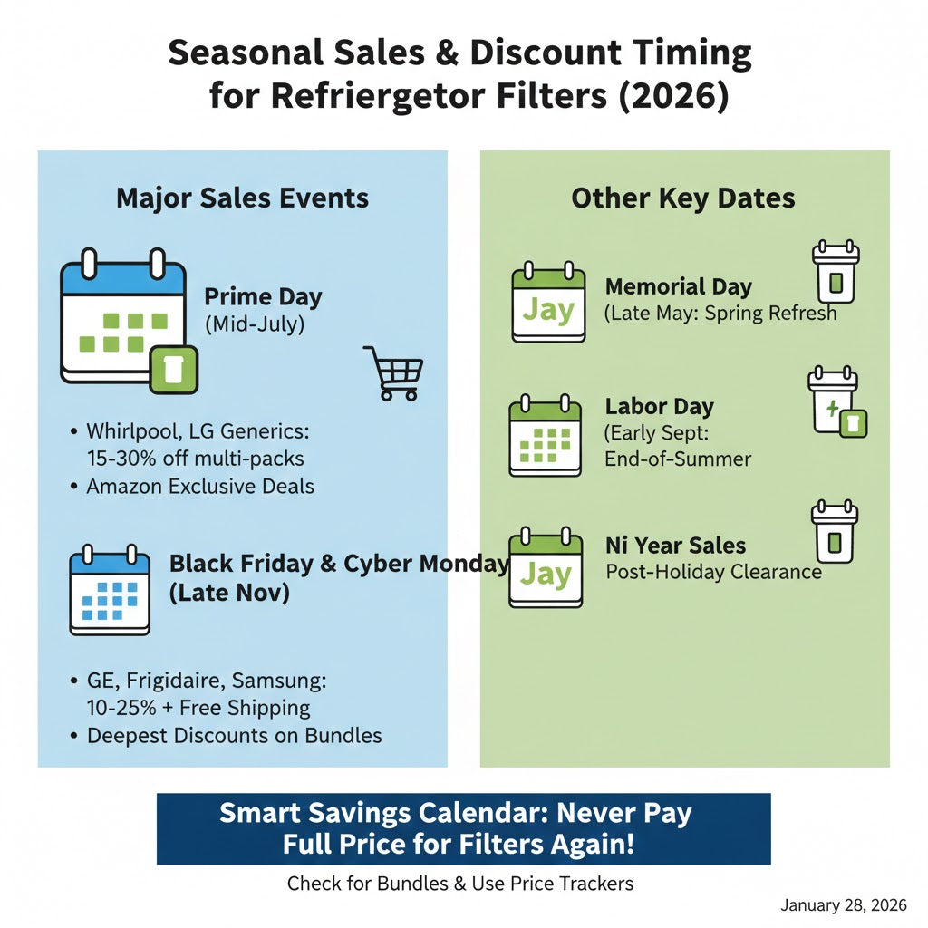 Wondering when refrigerator filters go on sale? This guide breaks down Prime Day, Black Friday, and seasonal discounts on GE, Frigidaire, Whirlpool, LG, Samsung, and generics.