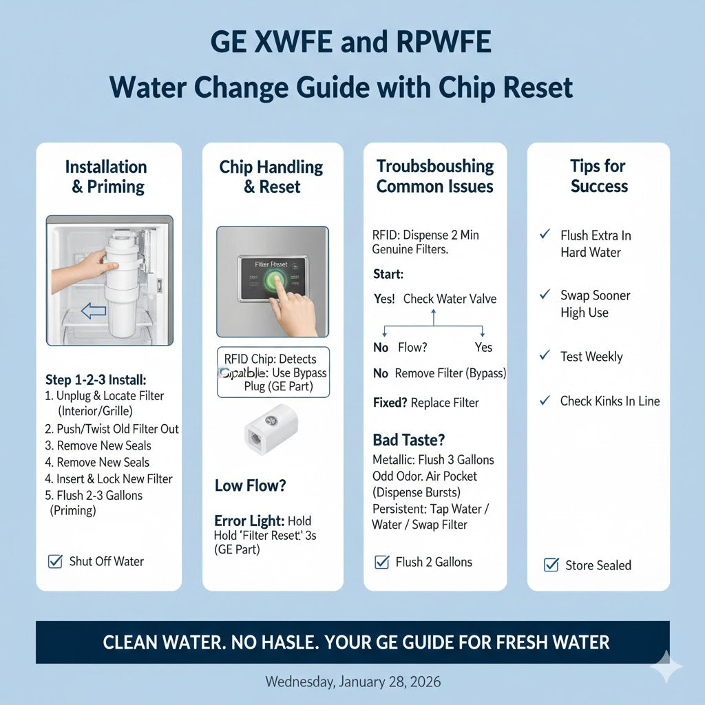 Step-by-step guide to replacing GE XWFE and RPWFE water filters. Covers installation, flushing, and RFID chip resets for smooth flow.
