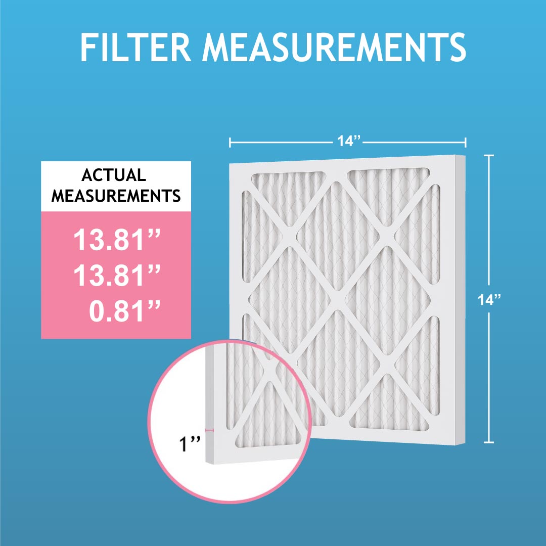 14x14x1 air filter size chart showing actual size 13.81 x 13.81 x 0.81 inches for HVAC compatibility