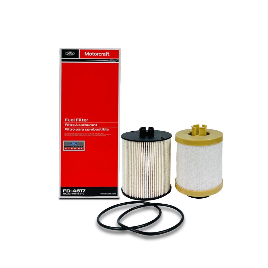 Motorcraft FD-4671 Fuel Filter featuring two filters and O-rings for diesel engine applications