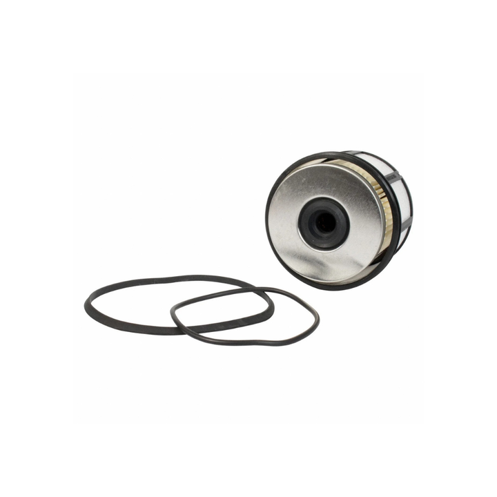 Bottom metal plate view of Motorcraft FD-4596 diesel fuel filter with gaskets