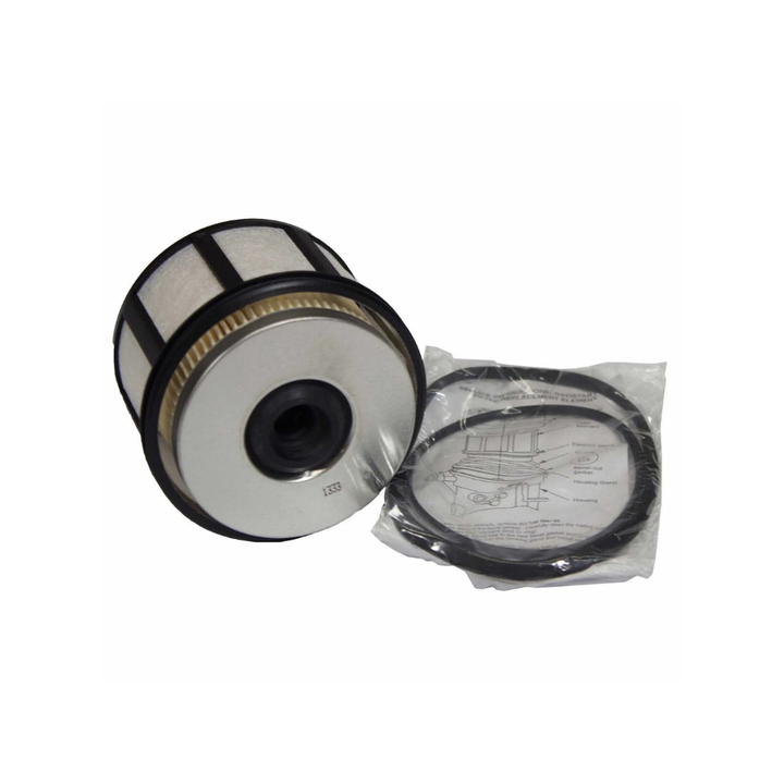 Side view of Motorcraft FD-4596 diesel fuel filter with gaskets and manual