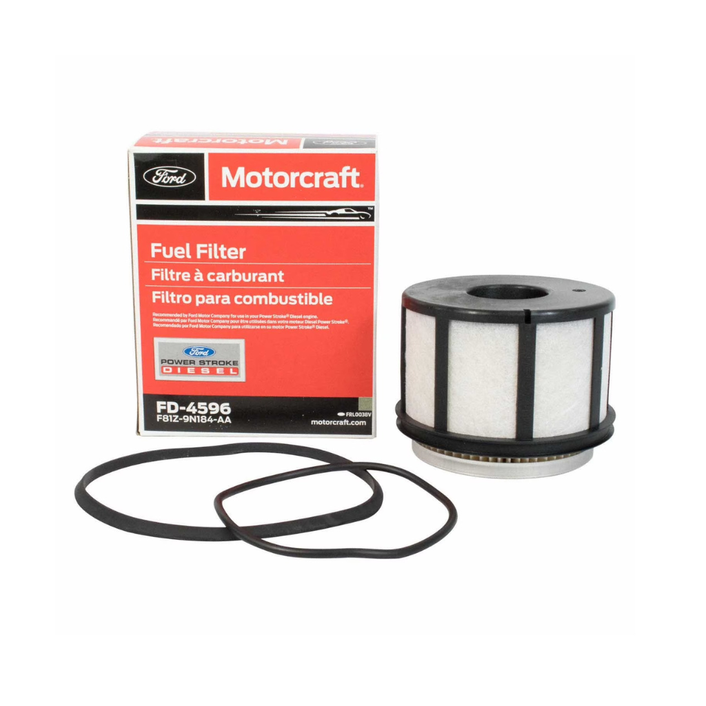 Motorcraft FD-4596 diesel fuel filter with red retail box and gasket set
