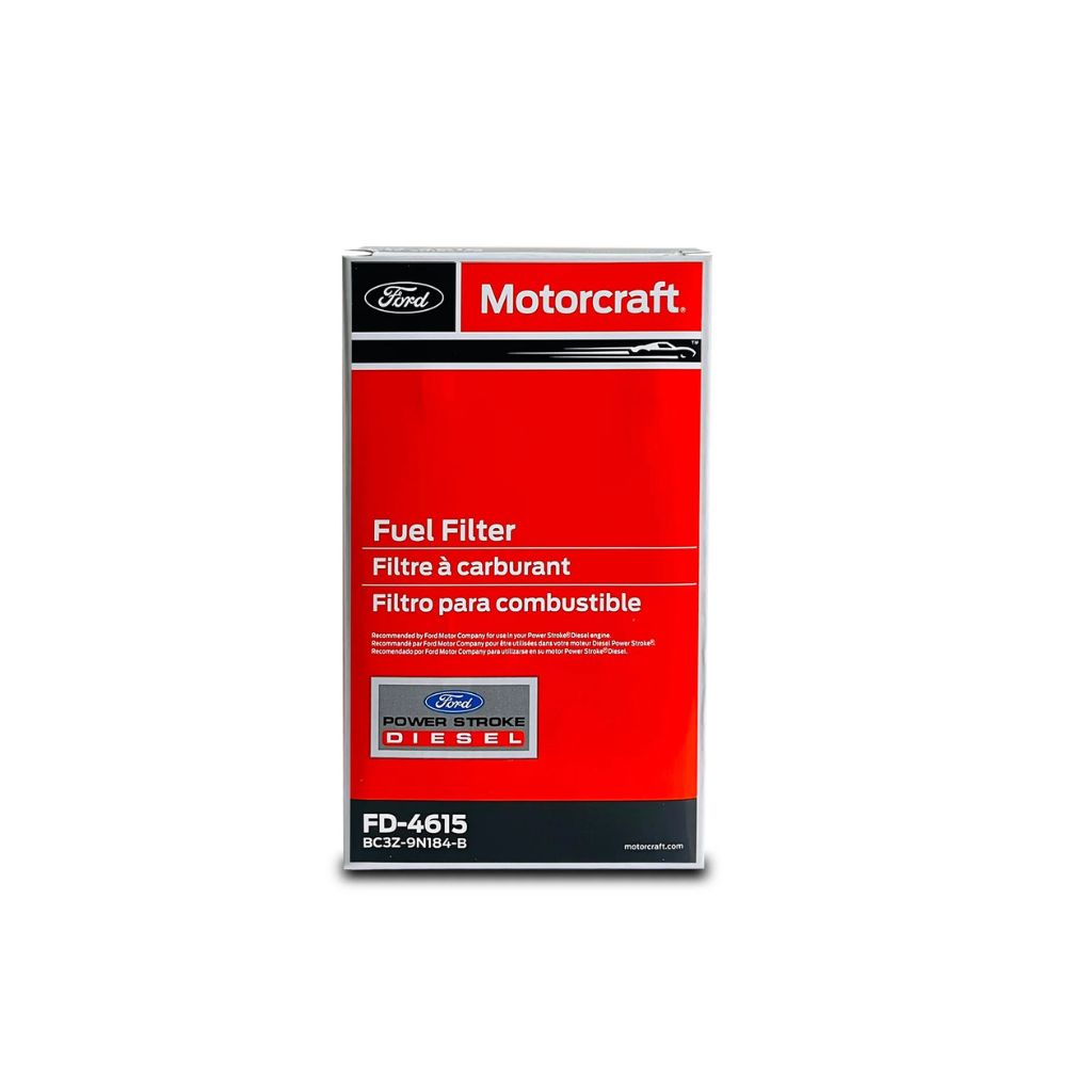 OEM Motorcraft FD-4615 fuel filter retail box for Ford 6.7L Powerstroke diesel models.