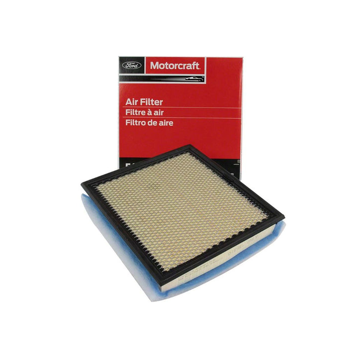Motorcraft OEM engine air filter shown with retail box packaging for Ford vehicles
